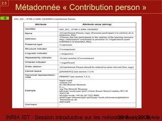 2.5
      Métadonnée « Contribution person »




  INRIA IST - Session introductive sur les métadonnées par Sylvie D
                                                29 Sept 2008 -
 