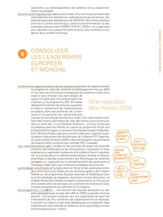 recherches, aux développements de systèmes et aux expérimen-
           tations envisagées.
Comme il le fait régulièrement depuis des années, Inria continuera à produire des
           notes blanches et à répondre aux sollicitations du gouvernement, des
           parlementaires (par exemple ceux de l’OPCEST), des entités publiques
           (comme le Conseil économique, social et environnemental) ou des
           syndicats professionnels (CIGREF SYNTEC, AFDEL), et s’organisera
                                             ,
           pour répondre aux questionnements toujours plus nombreux et exi-




                                                                                             M I S E E N Œ U V R E D E L A ST R AT É G I E
           geants de la société numérique.




            Consolider
   5
            les leaderships
            européen
            et mondial
                                                                                                 57




L’institut encouragera la présence de ses équipes-projets dans les appels à projets
             du programme cadre de recherche et développement Horizon 2020
             en lien avec ses orientations stratégiques de recherche et dans ceux
             visant à faire émerger des technologies de
             rupture. En particulier, Inria entend rester très
             mobilisé sur le programme ERC (European
             Research Council) afin de renforcer sa position
                                                                     forte implication
             en tête du classement des établissements
             européens dans ses domaines de compé-
                                                                     dans Horizon 2020
             tence et d’augmenter son attractivité pour
             l’accueil de scientifiques de très haut niveau. Pour cela l’institut mobi-
             lisera des moyens permettant de créer des chaires juniors et seniors,
             dans le cadre des « Inria Research Positions ». L       ’institut renforcera
             sa présence dans les thèmes en rupture du programme Future and
             Emerging Technologies, en soutenant les équipes-projets impliquées.
             Enfin des Inria Project Labs pourront être créés pour organiser sa par-
             ticipation à des projets pluridisciplinaires de l’initiative FET Flagships,
             du volet sociétal d’Horizon 2020 et dans des programmes prioritaires
             de programmation conjointe (par exemple HPC, Exascale).
Les « Inria International Labs », fondés sur des principes de projets de recherche
             conjoints, de co-évaluation et de cofinancement, constituent un levier
             essentiel pour augmenter la présence et la visibilité d’Inria à l’internatio-
             nal. Ils sont par ailleurs un élément essentiel pour fertiliser la réflexion
             scientifique et aborder conjointement des thématiques de recherche
             partagées, en s’appuyant sur la complémentarité des partenaires et
             l’échange d’idées dans des conditions privilégiées de proximité.
Les échanges scientifiques et humains entre la France et des partenaires étran-
             gers seront accrus au travers de ces structures grâce à des moyens
             fléchés sur les programmes Équipes associées et Sabbatiques ainsi
             qu’à des échanges de stagiaires, doctorants et post doctorants. Le
             modèle Recherche-Transfert-Innovation expérimenté au Chili pourra
             être proposé dans d’autres pays, pour renforcer les interactions avec
             d’autres écosystèmes de recherche et d’innovation.
Les programmes « Inria@XX » – coordonnant des équipes associées sur des
             pôles géographiques ou avec des UMI du CNRS auxquelles Inria est
             associé – ont vocation à évoluer vers une organisation de type Inria
             International Lab. Pour construire ces implantations Inria à l’étranger,
             l’incitation aux séjours longs (type Sabbatiques) et prospectifs (type
             Exploratoires) sera renforcée en veillant au retour scientifique, humain
             et technologique pour l’institut.
 
