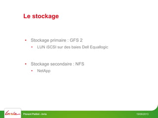 Le stockage
19/06/2013Florent Paillot - Inria
• Stockage primaire : GFS 2
• LUN iSCSI sur des baies Dell Equallogic
• Stockage secondaire : NFS
• NetApp
 
