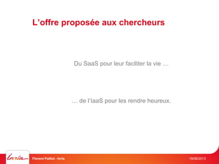 L’offre proposée aux chercheurs
19/06/2013Florent Paillot - Inria
Du SaaS pour leur faciliter la vie …
… de l’IaaS pour les rendre heureux.
 