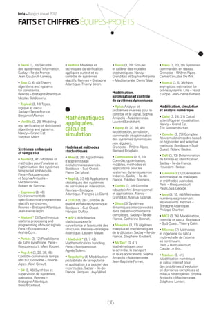 • Secsi (3, 10) Sécurité
des systèmes d’information.
Saclay – Île-de-France.
Jean Goubault-Larrecq.
• Tasc (3, 6, 40)Theory,
algorithms and systems
for constraints.
Rennes – Bretagne Atlantique.
Nicolas Beldiceanu.
• Typical (3, 13)Types,
logique et calcul.
Saclay – Île-de-France.
BenjaminWerner.
• VeriDis (3, 28) Modeling
and veriﬁcation of distributed
algorithms and systems.
Nancy – Grand Est.
Stephan Merz.
Systèmes embarqués
et temps réel
• Aoste (3, 41) Modèles et
méthodes pour l’analyse et
l’optimisation des systèmes
temps réel embarqués.
Paris – Rocquencourt
et Sophia Antipolis –
Méditerranée.
Robert de Simone.
• Espresso (3, 46)
Environnement de
spéciﬁcation de programmes
réactifs synchrones.
Rennes – Bretagne Atlantique.
Jean-PierreTalpin.
• Mutant* (3) Synchronous
realtime processing and
programming of music signals.
Paris – Rocquencourt.
Arshia Cont.
• Parkas (3, 12) Parallélisme
de Kahn synchrone. Paris –
Rocquencourt. Marc Pouzet.
• PopArt (3, 20, 38, 45)
Contrôle-commande temps
réel sûr. Grenoble – Rhône-
Alpes. Alain Girault.
• S4 (3, 46) Synthèse et
supervision de systèmes,
scénarios. Rennes –
Bretagne Atlantique.
Benoît Caillaud.
• Vertecs Modèles et
techniques de vériﬁcation
appliqués au test et au
contrôle de systèmes
réactifs. Rennes – Bretagne
Atlantique.Thierry Jéron.
Mathématiques
appliquées,
calcul et
simulation
Modèles et méthodes
stochastiques
• Alea (3, 26) Algorithmes
d’apprentissage
évolutionnaires avancés.
Bordeaux – Sud-Ouest.
Pierre Del Moral.
• Aspi (3, 37, 46) Applications
statistiques des systèmes
de particules en interaction.
Rennes – Bretagne
Atlantique. François Le Gland.
• CQFD (3, 26) Contrôle de
qualité et ﬁabilité dynamique.
Bordeaux – Sud-Ouest.
François Dufour.
• I4S* (16) Inférence
statistique pour la
surveillance et la sécurité des
structures. Rennes – Bretagne
Atlantique. Laurent Mevel.
• Mathrisk* (3, 7, 42)
Mathematical risk handling.
Paris – Rocquencourt.
Agnès Sulem.
• Regularity (4) Modélisation
probabiliste de la régularité
et application à la gestion des
incertitudes. Saclay – Île-de-
France. Jacques Lévy-Véhel.
• Tosca (3, 28) Simuler
et calibrer des modèles
stochastiques. Nancy –
Grand Est et Sophia Antipolis
– Méditerranée. DenisTalay
Modélisation,
optimisation et contrôle
de systèmes dynamiques
• Apics Analyse et
problèmes inverses pour le
contrôle et le signal. Sophia
Antipolis – Méditerranée.
Laurent Baratchart.
• Bipop (3, 20, 38, 45)
Modélisation, simulation,
commande et optimisation
des systèmes dynamiques
non réguliers.
Grenoble – Rhône-Alpes.
Bernard Brogliato.
• Commands (3, 9, 13)
Contrôle, optimisation,
modèles, méthodes et
applications pour les
systèmes dynamiques non
linéaires. Saclay – Île-de-
France. Frédéric Bonnans.
• Corida (3, 28) Contrôle
robuste inﬁni-dimensionnel
et applications. Nancy –
Grand Est. MariusTucsnak.
• Disco (3) Systèmes
dynamiques interconnectés
dans des environnements
complexes. Saclay – Île-de-
France. Catherine Bonnet.
• Maxplus (3, 13) Algèbres
max-plus et mathématiques
de la décision. Saclay – Île-de-
France. Stéphane Gaubert.
• McTao* (3, 41)
Mathématiques pour
le contrôle, le transport
et leurs applications. Sophia
Antipolis – Méditerranée.
Jean-Baptiste Pomet.
• Necs (3, 20, 38) Systèmes
commandés en réseau.
Grenoble – Rhône-Alpes.
Carlos Canudas DeWit.
• Non-A (3, 5, 36) Non-
asymptotic estimation for
online systems. Lille – Nord
Europe. Jean-Pierre Richard.
Modélisation, simulation
et analyse numérique
• Calvi (3, 28, 31) Calcul
scientiﬁque et visualisation.
Nancy – Grand Est.
Éric Sonnendrücker.
• Concha (3, 29) Complex
ﬂow simulation codes based
on high-order and adaptive
methods. Bordeaux – Sud-
Ouest. Roland Becker.
• Déﬁ (3, 13) Détermination
de formes et identiﬁcation.
Saclay – Île-de-France.
Houssem Haddar.
• Gamma 3 (32) Génération
automatique de maillages
et méthodes avancées.
Paris – Rocquencourt.
Paul-Louis George.
• Ipso (3, 10, 46) Méthodes
numériques préservant
les invariants. Rennes –
Bretagne Atlantique.
Philippe Chartier.
• MC2 (3, 26) Modélisation,
contrôle et calcul. Bordeaux
– Sud-Ouest.Thierry Colin.
• Micmac (7) Méthodes
et ingénierie du calcul
multi-échelle de l’atome
au continuum.
Paris – Rocquencourt.
Claude Le Bris.
• Nachos (3, 41)
Modélisation numérique
et calcul intensif pour
des problèmes d’évolution
en domaines complexes et
milieux hétérogènes. Sophia
Antipolis – Méditerranée.
Stéphane Lanteri.
FAITSETCHIFFRESÉQUIPES-PROJETS
Inria — Rapport annuel 2012
66
RAIN012_65-71_BAT.indd 66 12/07/13 17:31
 