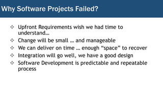 Why Software Projects Failed?
 Upfront Requirements wish we had time to
understand…
 Change will be small … and manageable
 We can deliver on time … enough “space” to recover
 Integration will go well, we have a good design
 Software Development is predictable and repeatable
process
 