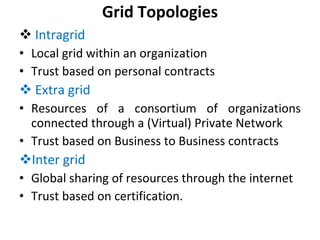 Grid Topologies Intragrid Local grid within an organization Trust based on personal contracts Extra grid Resources of a consortium of organizations connected through a (Virtual) Private Network Trust based on Business to Business contracts Inter grid Global sharing of resources through the internet Trust based on certification. 