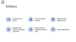 Syllabus
Introduction to
python
Function and File
handling
Object oriented
Programming
Graphical User
Interface and Image
processing
Numpy, Pandas,
Matplotlib, Seaborn,
Scipy
Python Applications
 