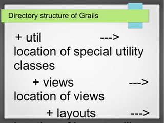 Directory structure of Grails

+ util
--->
location of special utility
classes
+ views
--->
location of views
+ layouts
--->

 