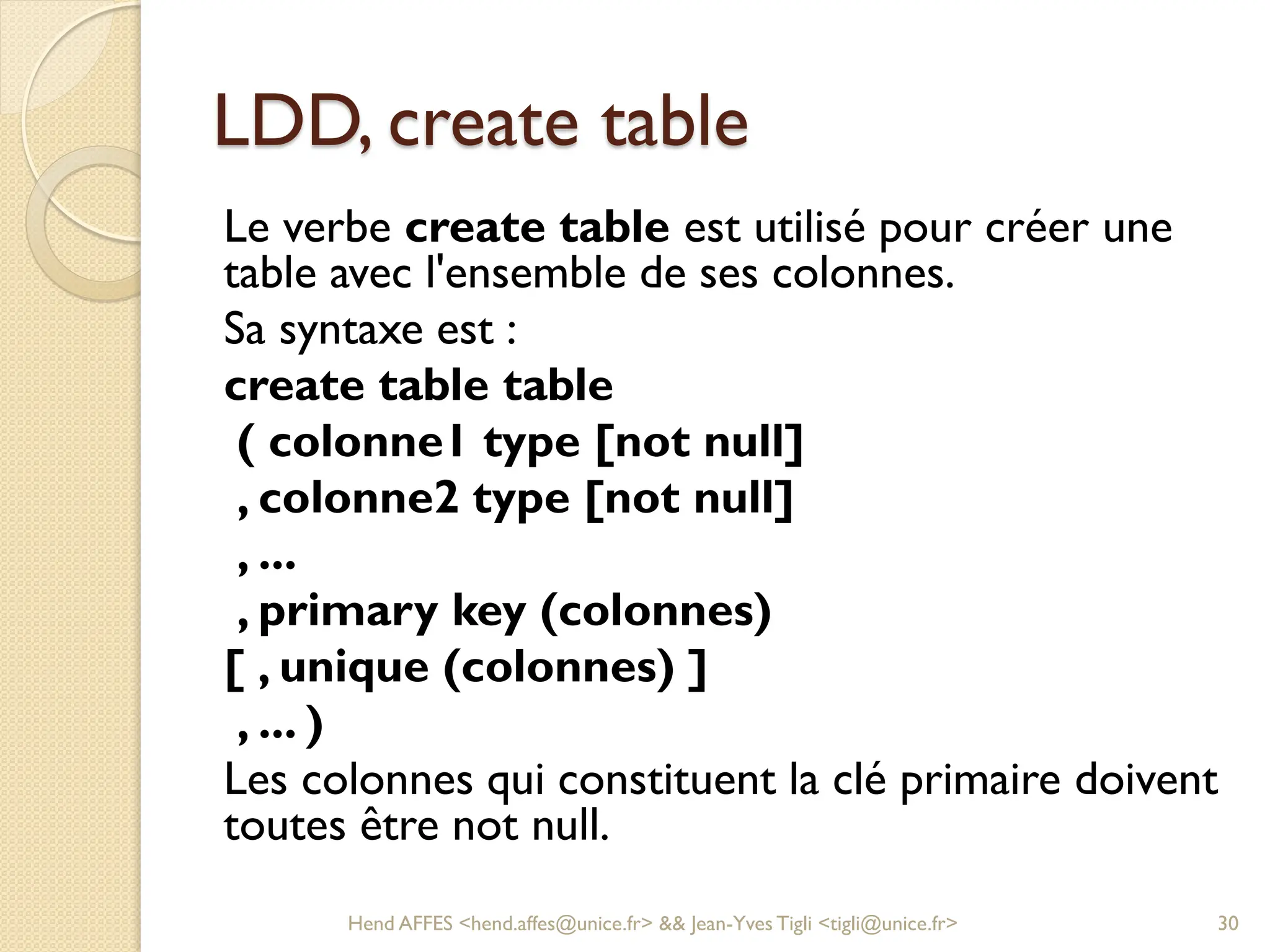 LDD, create table
Le verbe create table est utilisé pour créer une
table avec l'ensemble de ses colonnes.
Sa syntaxe est :
create table table
( colonne1 type [not null]
, colonne2 type [not null]
, ...
, primary key (colonnes)
[ , unique (colonnes) ]
, ... )
Les colonnes qui constituent la clé primaire doivent
toutes être not null.
Hend AFFES <hend.affes@unice.fr> && Jean-Yves Tigli <tigli@unice.fr> 30
 