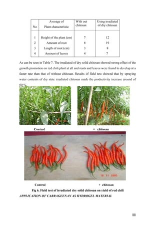 Average of          With out         Using irradiated
                                           chitosan         of dry chitosan
          No       Plant characteristic


           1    Height of the plant (cm)          7                12
           2          Amount of root              8                19
           3       Length of root (cm)            3                 8
           4         Amount of leaves             4                7

As can be seen in Table 7. The irradiated of dry solid chitosan showed strong effect of the
growth promotion on red chili plant at all and roots and leaves were found to develop at a
faster rate than that of without chitosan. Results of field test showed that by spraying
water contents of dry state irradiated chitosan made the productivity increase around of
60 %.




           Control                                       + chitosan




           Control                                            + chitosan
         Fig 6. Field test of irradiated dry solid chitosan on yield of red chili
APPLICATION OF CARRAGEENAN AS HYDROGEL MATERIAL




                                                                                        11
 