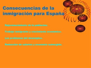 Consecuencias de la
inmigración para España

Rejuvenecimiento de la población.

Trabajo inmigrante y crecimiento económico.

Los problemas del desempleo.

Reducción de salarios y economía sumergida.
 