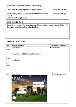 Lesson Plan Template 1 Primary & Secondary
LESSON OUTCOME:
LESSON STRUCTURE:
Time Introduction (Set): Teaching Approaches
5
minut
e
35
minut
e
5
minut
e
Introduction
Students should follow the instruction
conclusion
DOL strategies
Time Main Content: Teaching Approaches
Students can explain the place presented in the picture along with the history of
the occurrence of the place using English.
Unit/Topic: Writing/english writing historical Date: May 28, 2018
Key Learning Area: Explaining about historical place Year Level: Highs
School
Outcomes: Descriptive text
 