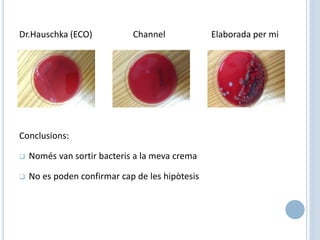 Dr.Hauschka (ECO) Channel Elaborada per mi
Conclusions:
 Només van sortir bacteris a la meva crema
 No es poden confirmar cap de les hipòtesis
 