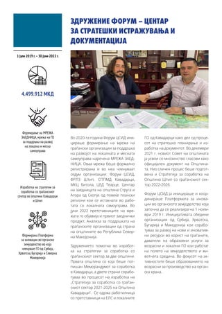 ЗДРУЖЕНИЕ ФОРУМ – ЦЕНТАР
ЗА СТРАТЕШКИ ИСТРАЖУВАЊА И
ДОКУМЕНТАЦИЈА
Во 2020-та година Форум ЦСИД ини-
цираше формирање на мрежа на
граѓански организации за поддршка
на развојот на локалната и месната
самоуправа наречена МРЕЖА ЗАЕД-
НИЦА. Оваа мрежа беше формално
регистрирана и во неа членуваат
седум организации: Форум ЦСИД,
ФРЛЗ Штип, СППМД Кавадарци,
МКЦ Битола, ЦЕД Теарце, Центар
на заедницата на општина Струга и
Агора од Скопје од повеќе плански
региони кои се истакнати во рабо-
тата со локалната самоуправа. Во
јуни 2022 претставниците на мре-
жата го објавија и првиот заеднички
продукт, Анализа за поддршката на
граѓанските организации од страна
на општините во Република Север-
на Македонија.
Здружението помогна во изработ-
ка на стратегии за соработка со
граѓанскиот сектор за две општини.
Првата општина со која беше пот-
пишан Меморандумот за соработка
е Кавадарци, а двете страни сорабо-
туваа во процесот на изработка на
„Стратегија за соработка со граѓан-
скиот сектор 2021-2025 на Општина
Кавадарци“. Се одржа работилница
со претставници на ЕЛС и локалните
ГО од Кавадарци како дел од проце-
сот на стратешко планирање и из-
работка на документот. Во декември
2021 г. новиот Совет на општината
ја усвои со мнозинство гласови како
официјален документ на Општина-
та. Низ сличен процес беше подгот-
вена и Стратегија за соработка на
Општина Штип со граѓанскиот сек-
тор 2022-2026.
Форум ЦСИД ја иницираше и коор-
динираше Платформата за инова-
ции во органското земјоделство која
започна да се реализира на 1 ноем-
ври 2019 г. Иницијативата обедини
организации од Србија, Хрватска,
Бугарија и Македонија кои сорабо-
туваа за развој на нови и иноватив-
ни ресурси во корист на граѓаните,
даватели на образовни услуги за
возрасни и локални ГО кои работат
на полето на земјоделството и жи-
вотната средина. Во фокусот на ак-
тивностите беше образованието на
возрасни за производство на орган-
ска храна.
1 јули 2019 г.–30 јуни 2022 г.
Формирање на МРЕЖА
ЗАЕДНИЦА,мрежа на ГО
за поддршка на развој
на локална и месна
самоуправа
4.499.912 МКД
Изработка на стратегии за
соработка со граѓанскиот
сектор во општина Кавадарци
и Штип
Формирана Платформа
за иновации во органско
земјоделство во која
членуваат ГО од Србија,
Хрватска,Бугарија и Северна
Македонија
 