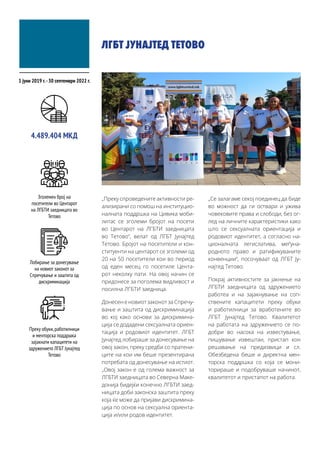 ЛГБТ ЈУНАЈТЕД ТЕТОВО
„Преку спроведените активности ре-
ализирани со помош на институцио-
налната поддршка на Цивика моби-
литас се зголеми бројот на посети
во Центарот на ЛГБТИ заедницата
во Тетово“, велат од ЛГБТ Јунајтед
Тетово. Бројот на посетители и кон-
ституенти на центарот се зголеми од
20 на 50 посетители кои во период
од еден месец го посетиле Цента-
рот неколку пати. На овој начин се
придонесе за поголема видливост и
посилна ЛГБТИ заедница.
Донесен е новиот законот за Спречу-
вање и заштита од дискриминација
во кој како основи за дискримина-
ција се додадени сексуалната ориен-
тација и родовиот идентитет. ЛГБТ
Јунајтед лобираше за донесување на
овој закон, преку средби со пратени-
ците на кои им беше презентирана
потребата од донесување на истиот.
„Овој закон е од голема важност за
ЛГБТИ заедницата во Северна Маке-
донија бидејќи конечно ЛГБТИ заед-
ницата доби законска заштита преку
која ќе може да пријави дискримина-
ција по основ на сексуална ориента-
ција и/или родов идентитет.
„Се залагаме секој поединец да биде
во можност да ги оствари и ужива
човековите права и слободи, без ог-
лед на личните карактеристики како
што се сексуалната ориентација и
родовиот идентитет, а согласно на-
ционалната легислатива, меѓуна-
родното право и ратификуваните
конвенции“, посочуваат од ЛГБТ Ју-
најтед Тетово.
Покрај активностите за јакнење на
ЛГБТИ заедницата од здружението
работеа и на зајакнување на соп-
ствените капацитети преку обуки
и работилници за вработените во
ЛГБТ Јунајтед Тетово. Квалитетот
на работата на здружението се по-
добри во насока на известување,
пишување извештаи, пристап кон
решавање на предизвици и сл.
Обезбедена беше и директна мен-
торска поддршка со која се мони-
торираше и подобруваше начинот,
квалитетот и пристапот на работа.
1 јуни 2019 г.-30 септември 2022 г.
Зголемен број на
посетители во Центарот
на ЛГБТИ заедницата во
Тетово
4.489.404 МКД
Лобирање за донесување
на новиот законот за
Спречување и заштита од
дискриминација
Преку обуки,работилници
и менторска поддршка
зајакнати капацитети на
здружението ЛГБТ Јунајтед
Тетово
 