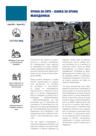 ХРАНА ЗА СИТЕ – БАНКА ЗА ХРАНА
МАКЕДОНИЈА
Под мотото „Во коренот на долго-
рочното и значајно намалување
на сиромаштијата лежи задачата
за намалување на гладот, бидејќи,
гладот е најсуровата форма на сиро-
маштија“ функционира здружението
Храна за сите – Банка за храна Маке-
донија (БХМК).
Преку активно делување и борба
против сиромаштијата и социјал-
ната исклученост се поттикну-
ва одговорна и транспарент-
на акција на законодавните,
националните и локалните власти
како и на бизнис опкружувањето.
Ова се потврдува со акцијата #Сто-
имеЗаедно - #WeStandTogether
- #Qëndrojmësëbashku во која
учествуваа над 18 партнерски ор-
ганизации и 35 волонтери кои спа-
куваа 35 тони храна дистрибуирана
до 1.620 семејства во 20 општини во
Македонија. Беа обезбедени 1.620
прехранбени пакети, 6480 заштитни
маски и 1620 дезинфекциски сред-
ства.
„По три години истражување и
поминати илјадници километри низ
руралните средини во нашата земја
наидовме на Даниел Здравков од
Радовиш. Млад човек со физичка
попреченост, која ја забави него-
вата моторика, но не и желбата за
самостоен живот“, велат од БХМК.
Благодарение на eCrowd, првата
краудфандинг платформа во Маке-
донија, Даниел го живее својот сон.
Во природен амбиент и недопрена
природа во Радовишко тој ја започ-
на својата приказна во рамки на
проектот МОЈА Фарма.
„На наша иницијатива почна фор-
мирање на Балканска Платформа на
Банки за храна и за почеток учеству-
ваат Федерацијата на Банки за Храна
Србија, Банка за храна Македонија,
Банка за храна Ниш, Банка за храна
Косово и Банка за храна Војводина“,
велат од БХМК. Заедништвото има
за цел да ги истражи, претстави и
во значајна мера ги имплементира
најдобрите практики кои се однесу-
ваат на собирање на вишоците хра-
на во корист на засегнатите граѓа-
ни во социјален ризик на Балканот,
воедно ги зближи институциите,
операторите со храна, граѓанските
организации, крајните корисници и
медиумите.
1 јули 2020 г.–30 јуни 2022 г.
Обезбедени 35 тони храна
за 1.620 семејства во
Македонија
3.977.951 МКД
Лице со попреченост од
Радовиш доби шанса за
самостоен живот
Формирана Балканска
Платформа на Банки за
храна
 