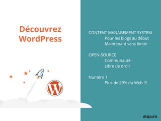Découvrez
WordPress
CONTENT MANAGEMENT SYSTEM
Pour les blogs au début
Maintenant sans limite
OPEN-SOURCE
Communauté
Libre de droit
Numéro 1
Plus de 29% du Web !!!
 
