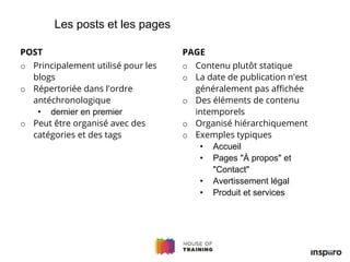 POST
o Principalement utilisé pour les
blogs
o Répertoriée dans l'ordre
antéchronologique
• dernier en premier
o Peut être organisé avec des
catégories et des tags
Les posts et les pages
PAGE
o Contenu plutôt statique
o La date de publication n'est
généralement pas affichée
o Des éléments de contenu
intemporels
o Organisé hiérarchiquement
o Exemples typiques
• Accueil
• Pages "À propos" et
"Contact"
• Avertissement légal
• Produit et services
 