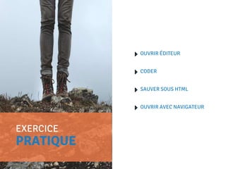 EXERCICE
PRATIQUE
CODER
SAUVER SOUS HTML
OUVRIR AVEC NAVIGATEUR
OUVRIR ÉDITEUR
 