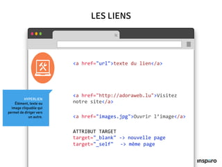 HYPERLIEN
Élément, texte ou
image cliquable qui
permet de diriger vers
un autre.
LES LIENS
<a href="url">texte du lien</a>
<a href="http://adoraweb.lu">Visitez
notre site</a>
<a href="images.jpg">Ouvrir l’image</a>
ATTRIBUT TARGET
target="_blank" -> nouvelle page
target="_self" -> même page
 