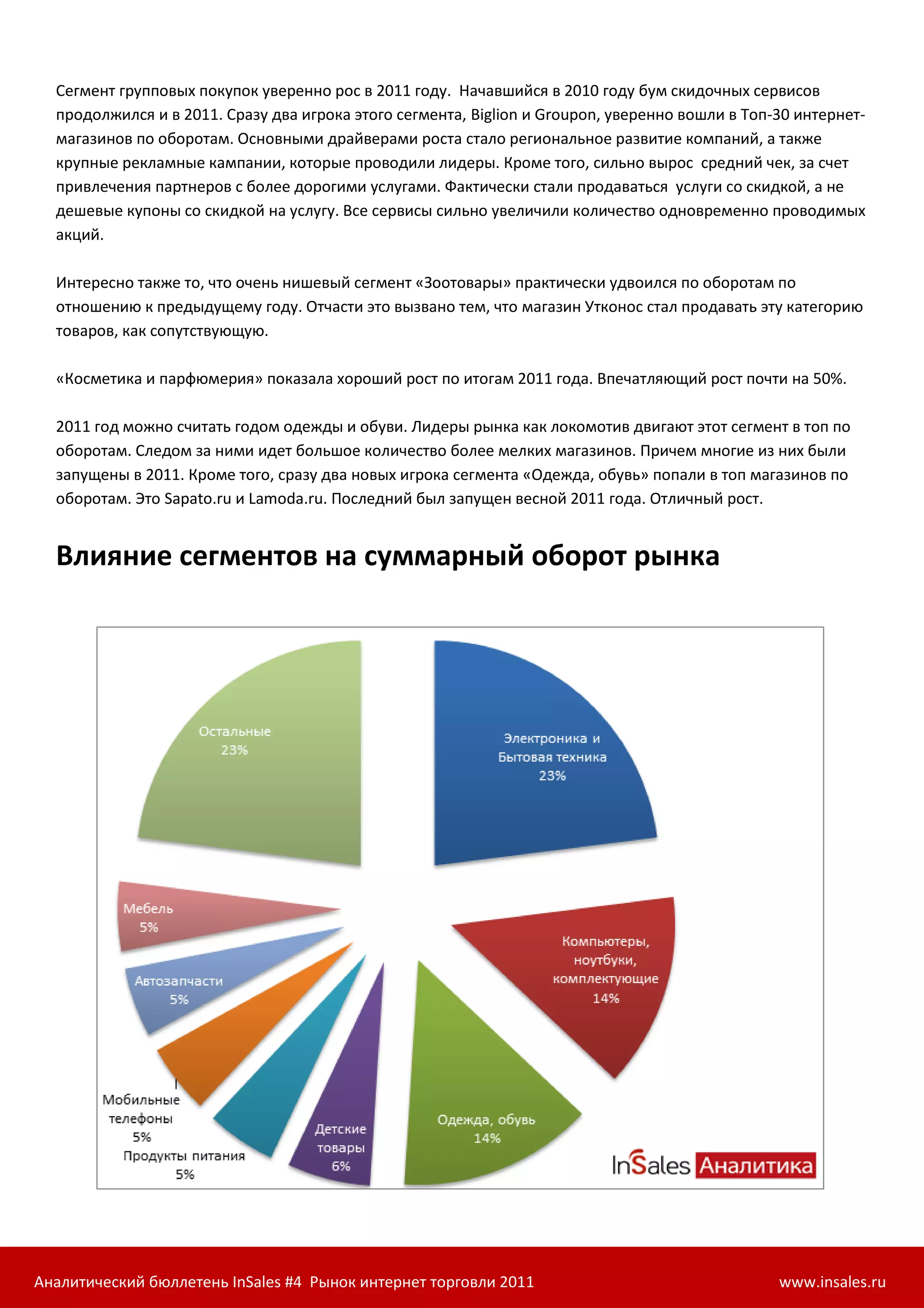 Сегмент групповых покупок уверенно рос в 2011 году. Начавшийся в 2010 году бум скидочных сервисов
  продолжился и в 2011. Сразу два игрока этого сегмента, Biglion и Groupon, уверенно вошли в Топ-30 интернет-
  магазинов по оборотам. Основными драйверами роста стало региональное развитие компаний, а также
  крупные рекламные кампании, которые проводили лидеры. Кроме того, сильно вырос средний чек, за счет
  привлечения партнеров с более дорогими услугами. Фактически стали продаваться услуги со скидкой, а не
  дешевые купоны со скидкой на услугу. Все сервисы сильно увеличили количество одновременно проводимых
  акций.

  Интересно также то, что очень нишевый сегмент «Зоотовары» практически удвоился по оборотам по
  отношению к предыдущему году. Отчасти это вызвано тем, что магазин Утконос стал продавать эту категорию
  товаров, как сопутствующую.

  «Косметика и парфюмерия» показала хороший рост по итогам 2011 года. Впечатляющий рост почти на 50%.

  2011 год можно считать годом одежды и обуви. Лидеры рынка как локомотив двигают этот сегмент в топ по
  оборотам. Следом за ними идет большое количество более мелких магазинов. Причем многие из них были
  запущены в 2011. Кроме того, сразу два новых игрока сегмента «Одежда, обувь» попали в топ магазинов по
  оборотам. Это Sapato.ru и Lamoda.ru. Последний был запущен весной 2011 года. Отличный рост.


  Влияние сегментов на суммарный оборот рынка




Аналитический бюллетень InSales #4 Рынок интернет торговли 2011                                  www.insales.ru
 