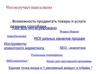 Что получает наш клиент 2 . Возможность продвигать товары и услуги разными способами. SMO- аналитика * Различные  marketplaces Канал для партнерской программы Единая точка входа и 1 рекламный аккаунт в  InSales  * Яндекс.Маркет SEO  - аналитика Инструменты клиентского маркетинга  Уже все интегрировано SalesGenerator ROI  разных каналов продаж 