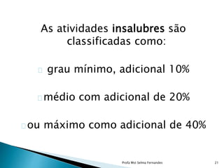 As atividades insalubres são
classificadas como:
grau mínimo, adicional 10%
médio com adicional de 20%
ou máximo como adicional de 40%
Profa Mst Selma Fernandes 21
 