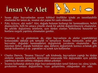 İnsan Ve Aletİnsan Ve Alet
• İnsanı diğer hayvanlardan ayıran kültürel özellikler içinde en tanımlanabilirİnsanı diğer hayvanlardan ayıran kültürel özellikler içinde en tanımlanabilir
olanlardan bir tanesi de, insanın alet yapan bir canlı olmasıdır.olanlardan bir tanesi de, insanın alet yapan bir canlı olmasıdır.
• Peki, öyleyse, alet nedir? Alet, doğada bulunan herhangi bir hammaddenin, belirliPeki, öyleyse, alet nedir? Alet, doğada bulunan herhangi bir hammaddenin, belirli
düşüncelerle, belli bir amaca yönelik olarak bir şekilde değiştirilmesiyle oluşturulur.düşüncelerle, belli bir amaca yönelik olarak bir şekilde değiştirilmesiyle oluşturulur.
Bu şekilde değiştirmiş ürünlerin, aynı türden olanları birbirlerine benzerler veBu şekilde değiştirmiş ürünlerin, aynı türden olanları birbirlerine benzerler ve
bunların rasgele yapılmış olmamaları gerekir.bunların rasgele yapılmış olmamaları gerekir.
• Geçmişte de ve günümüzde de, diğer hayvanların da aletler yapabildikleriGeçmişte de ve günümüzde de, diğer hayvanların da aletler yapabildikleri
konusundaki iddialar çok tartışıldı ve tartışılıyor. Kuşlar, karıncalar, arılar gibikonusundaki iddialar çok tartışıldı ve tartışılıyor. Kuşlar, karıncalar, arılar gibi
hayvanlar, doğadaki hammaddeleri değiştirerek yuvalarını oluştururlar. Bazıhayvanlar, doğadaki hammaddeleri değiştirerek yuvalarını oluştururlar. Bazı
maymun türleri, doğada buldukları ağaç dallarını değiştirerek karınca avlamak gibimaymun türleri, doğada buldukları ağaç dallarını değiştirerek karınca avlamak gibi
işlerde kullanırlar ya da yaprakları su içmek için kullanırlar.işlerde kullanırlar ya da yaprakları su içmek için kullanırlar.
• Charles Darwin, "İnsanın Türeyişi" adlı kitabında, hayvanların yaptığı bu türdenCharles Darwin, "İnsanın Türeyişi" adlı kitabında, hayvanların yaptığı bu türden
aletlerin zamanla kazanılan deneyimler sonucunda bile değişmeden aynı şekildealetlerin zamanla kazanılan deneyimler sonucunda bile değişmeden aynı şekilde
yapılmaya devam edilmiş olduğuna dikkat çekmişti.yapılmaya devam edilmiş olduğuna dikkat çekmişti.
• İnsanın kullandığı aletlerin diğer hayvanlarınkinden temel farkının ise; süreç içinde,İnsanın kullandığı aletlerin diğer hayvanlarınkinden temel farkının ise; süreç içinde,
gereksinim sonucu değiştirilmiş veya geliştirilmiş olduğundan söz eder.gereksinim sonucu değiştirilmiş veya geliştirilmiş olduğundan söz eder.
 