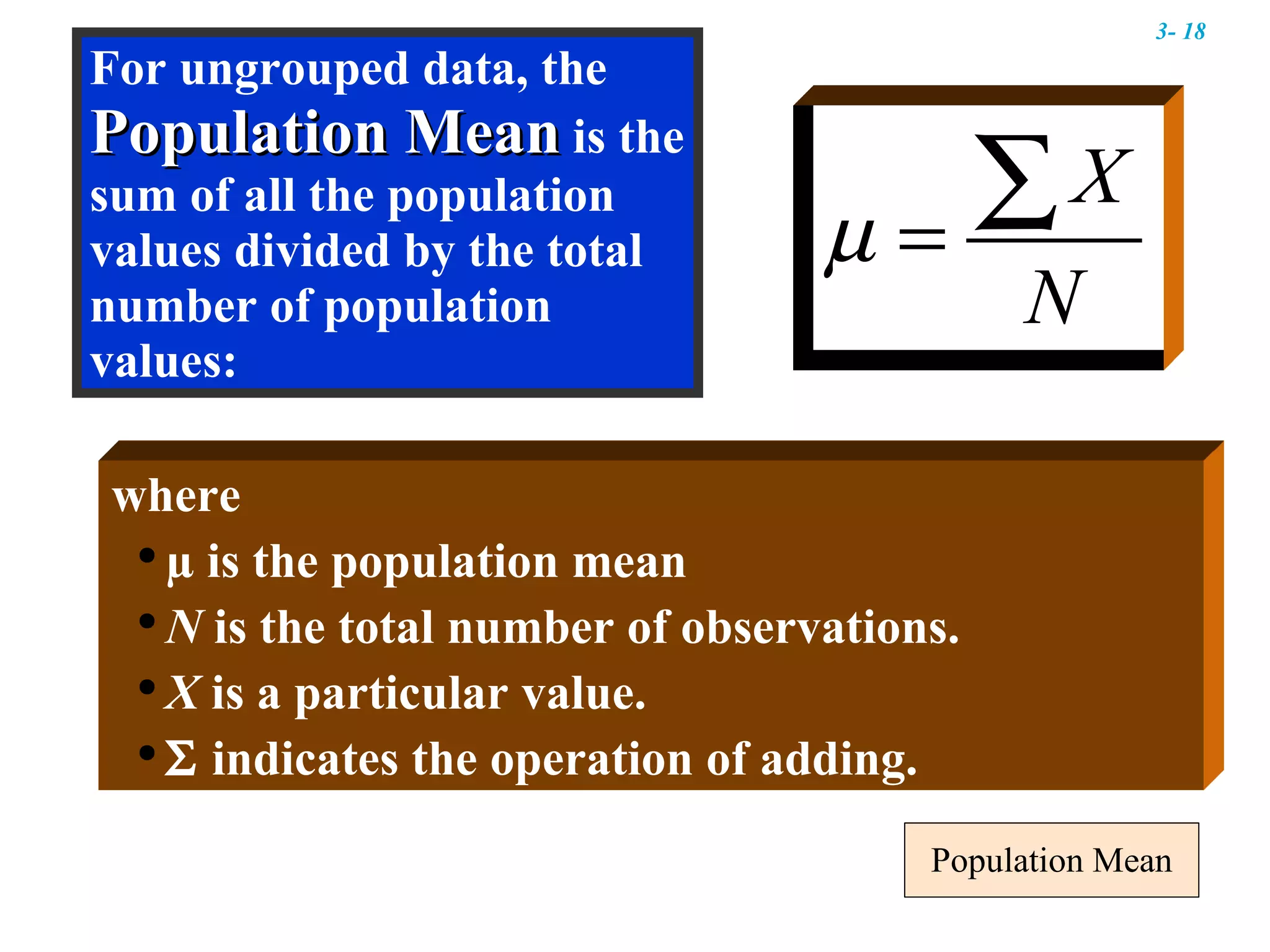 Population Mean where  µ is the population mean N  is the total number of observations. X  is a particular value.    indicates the operation of adding. For ungrouped data, the  Population Mean  is the sum of all the population values divided by the total number of population values: 3-  