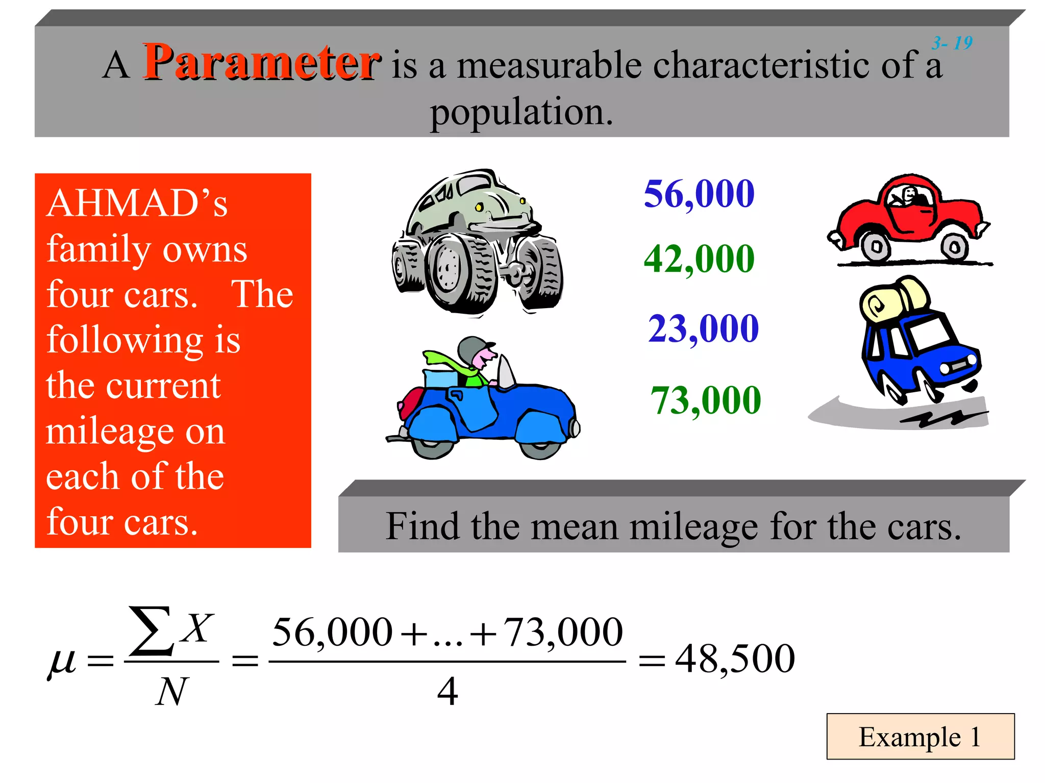 Example 1 Find the mean mileage for the cars. A  Parameter   is a measurable characteristic of a population. AHMAD’s family owns four cars.  The following is the current mileage on each of the four cars.  56,000 23,000 42,000 73,000 3-  