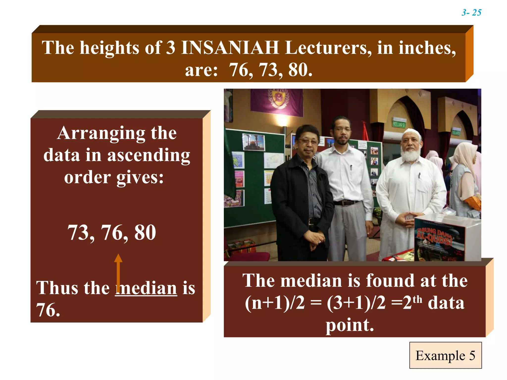 Example 5 Arranging the data in ascending order gives:  73, 76, 80   Thus the  median  is 76. The heights of 3 INSANIAH Lecturers, in inches, are:  76, 73, 80. The median is found at the (n+1)/2 = (3+1)/2 =2 th  data point.  3-  