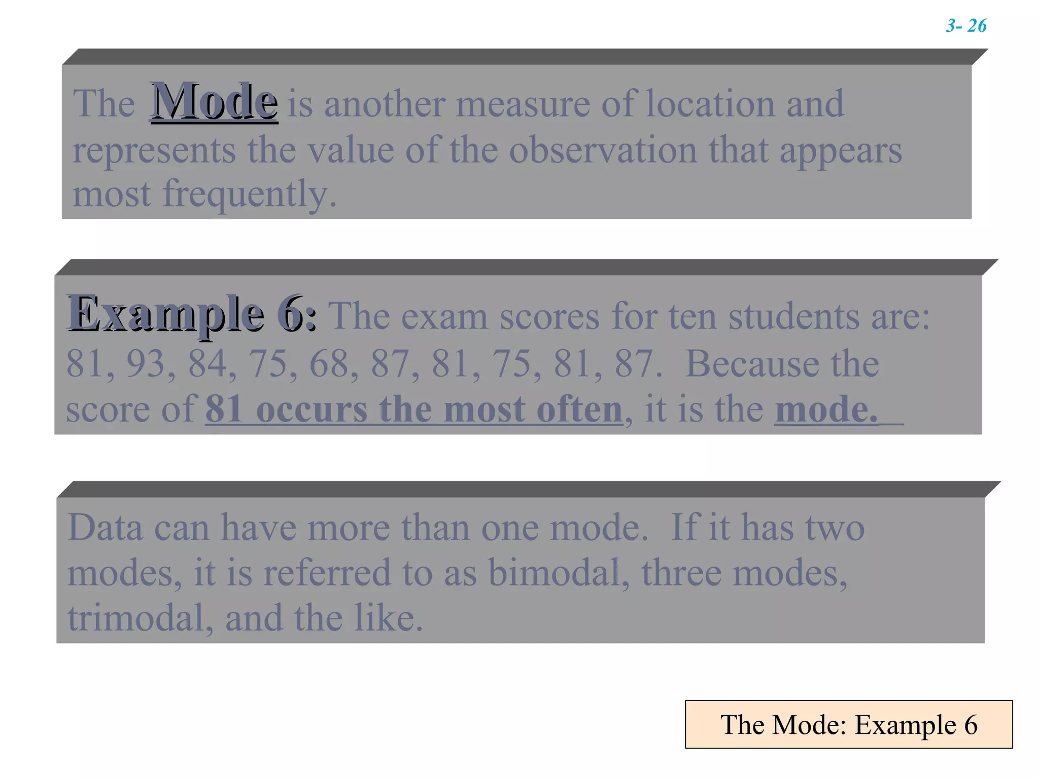 The Mode: Example 6 Example 6 :  The exam scores for ten students are: 81, 93, 84, 75, 68, 87, 81, 75, 81, 87.  Because the score of  81 occurs the most often , it is the  mode.   Data can have more than one mode.  If it has two modes, it is referred to as bimodal, three modes, trimodal, and the like. The   Mode  is another measure of location and represents the value of the observation that appears most frequently. 3-  