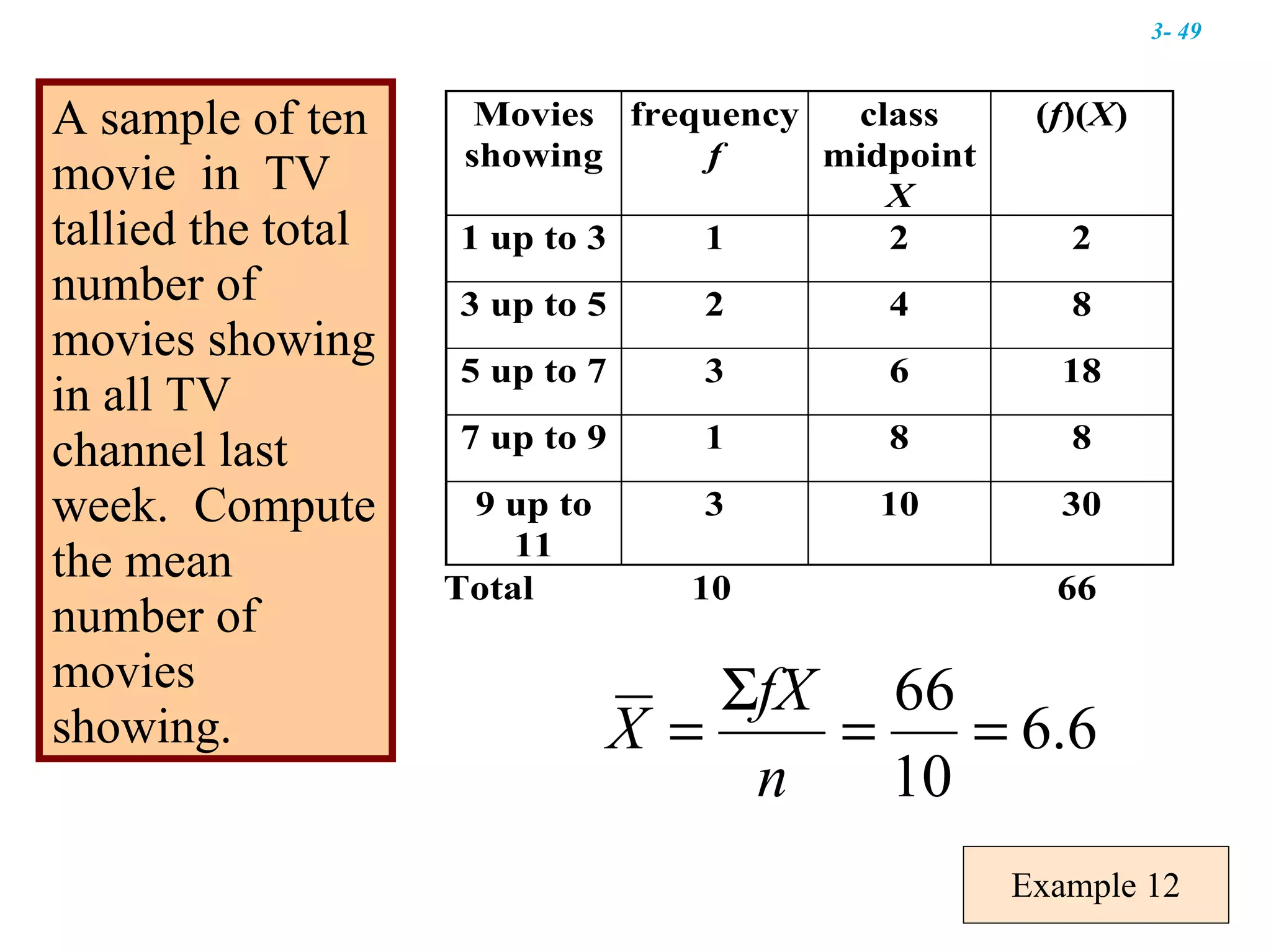 Example 12 A sample of ten movie  in  TV tallied the total number of movies showing in all TV channel last week.  Compute the mean number of movies showing. 3-  