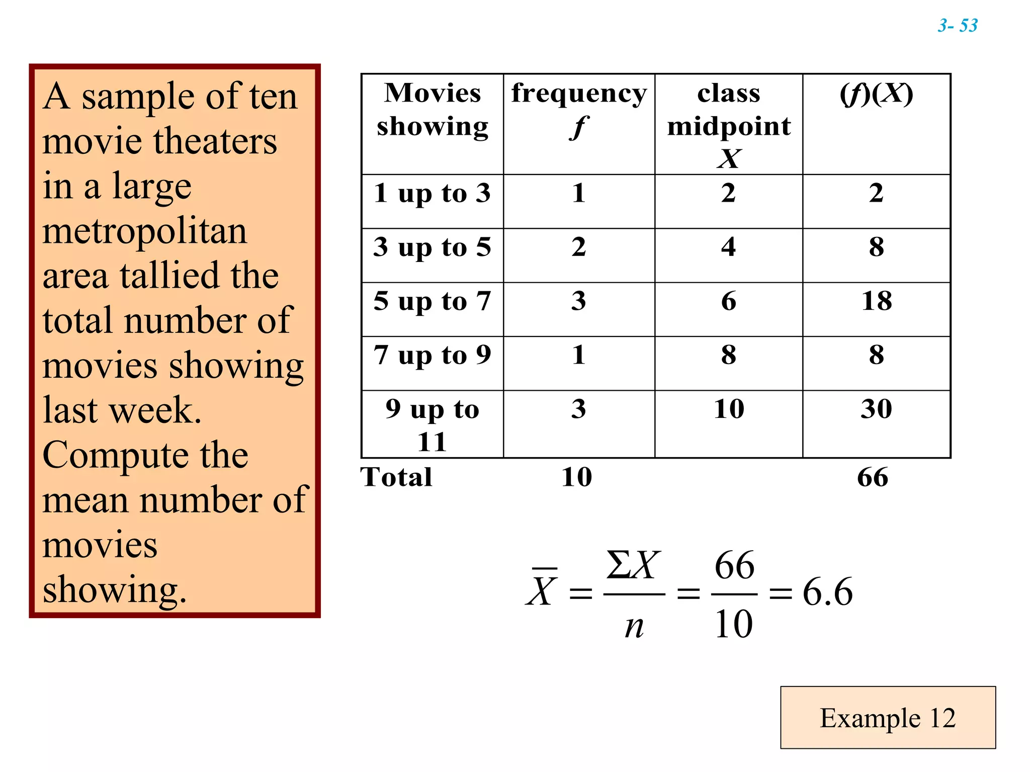 Example 12 A sample of ten movie theaters in a large metropolitan area tallied the total number of movies showing last week.  Compute the mean number of movies showing. 3-  