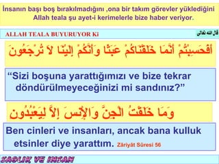 İnsanın başı boş bırakılmadığını ,ona bir takım görevler yüklediğini
         Allah teala şu ayet-i kerimelerle bize haber veriyor.

ALLAH TEALA BUYURUYOR Ki


 َ ‫َ َ َ ِبْ ُمْ َ ّ َا َ َقْ َا ُمْ َ َ ًا ََ ّ ُمْ ِ َيْ َا َ ُرْ َ ُو‬
 ‫أفحس ت أنم خل ن ك عبث وأنك إل ن ل ت جع ن‬
 “Sizi boşuna yarattığımızı ve bize tekrar
   döndürülmeyeceğinizi mi sandınız?”

  ‫وم خل ت جن و لْ س إل لي بد ن‬
  ِ ‫َ َا َ َقْ ُ الْ ِ ّ َا ِن َ ِ ّ ِ َعْ ُ ُو‬
Ben cinleri ve insanları, ancak bana kulluk
 etsinler diye yarattım. Zâriyât Sûresi 56
 