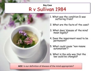 Key Case
R v Sullivan 1984
1. What was the condition D was
suffering from?
2. What are the facts of the case?
3. What does ‘disease of the mind’
mean legally?
4. Does the impairment need to be
permanent?
5. What could cause “non-insane
automatism”?
6. What is the only way that the
law could be changed?
AO2: Is our definition of disease of the mind appropriate?
 