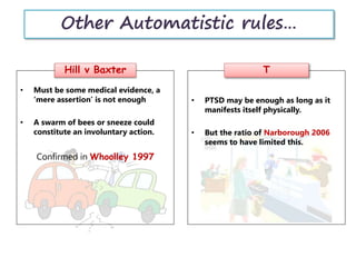 Other Automatistic rules…
• Must be some medical evidence, a
‘mere assertion’ is not enough
• A swarm of bees or sneeze could
constitute an involuntary action.
Confirmed in Whoolley 1997
• PTSD may be enough as long as it
manifests itself physically.
• But the ratio of Narborough 2006
seems to have limited this.
Hill v Baxter T
 