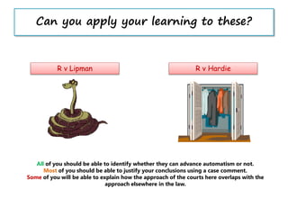 R v Lipman R v Hardie
Can you apply your learning to these?
All of you should be able to identify whether they can advance automatism or not.
Most of you should be able to justify your conclusions using a case comment.
Some of you will be able to explain how the approach of the courts here overlaps with the
approach elsewhere in the law.
 