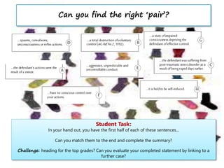 Can you find the right ‘pair’?
Student Task:
In your hand out, you have the first half of each of these sentences...
Can you match them to the end and complete the summary?
Challenge: heading for the top grades? Can you evaluate your completed statement by linking to a
further case?
 