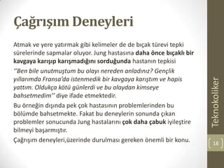 Çağrışım Deneyleri
Atmak ve yere yatırmak gibi kelimeler de de bıçak türevi tepki
sürelerinde sapmalar oluyor. Jung hastasına daha önce bıçaklı bir
kavgaya karışıp karışmadığını sorduğunda hastanın tepkisi
‘’Ben bile unutmuştum bu olayı nereden anladınız? Gençlik
yıllarımda Fransa’da istenmedik bir kavgaya karıştım ve hapis
yattım. Oldukça kötü günlerdi ve bu olaydan kimseye
bahsetmedim’’ diye ifade etmektedir.
Bu örneğin dışında pek çok hastasının problemlerinden bu
bölümde bahsetmekte. Fakat bu deneylerin sonunda çıkan
problemler sonucunda Jung hastalarını çok daha çabuk iyileştire
bilmeyi başarmıştır.
Çağrışım deneyleri,üzerinde durulması gereken önemli bir konu.
Teknokoliker
18
 