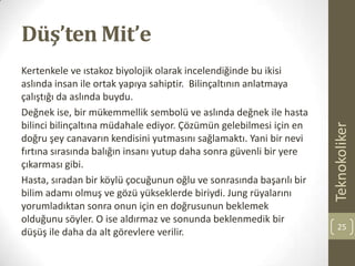 Düş’ten Mit’e
Kertenkele ve ıstakoz biyolojik olarak incelendiğinde bu ikisi
aslında insan ile ortak yapıya sahiptir. Bilinçaltının anlatmaya
çalıştığı da aslında buydu.
Değnek ise, bir mükemmellik sembolü ve aslında değnek ile hasta
bilinci bilinçaltına müdahale ediyor. Çözümün gelebilmesi için en
doğru şey canavarın kendisini yutmasını sağlamaktı. Yani bir nevi
fırtına sırasında balığın insanı yutup daha sonra güvenli bir yere
çıkarması gibi.
Hasta, sıradan bir köylü çocuğunun oğlu ve sonrasında başarılı bir
bilim adamı olmuş ve gözü yükseklerde biriydi. Jung rüyalarını
yorumladıktan sonra onun için en doğrusunun beklemek
olduğunu söyler. O ise aldırmaz ve sonunda beklenmedik bir
düşüş ile daha da alt görevlere verilir.
Teknokoliker
25
 