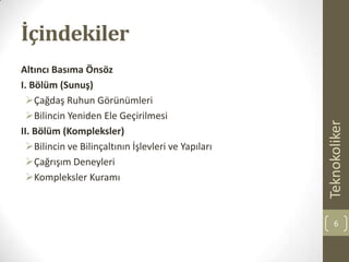 İçindekiler
Altıncı Basıma Önsöz
I. Bölüm (Sunuş)
Çağdaş Ruhun Görünümleri
Bilincin Yeniden Ele Geçirilmesi
II. Bölüm (Kompleksler)
Bilincin ve Bilinçaltının İşlevleri ve Yapıları
Çağrışım Deneyleri
Kompleksler Kuramı
Teknokoliker
6
 