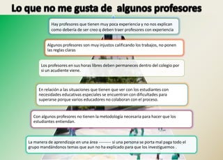 Hay profesores que tienen muy poca experiencia y no nos explican
            como debería de ser creo q deben traer profesores con experiencia


          Algunos profesores son muy injustos calificando los trabajos, no ponen
          las reglas claras


       Los profesores en sus horas libres deben permaneces dentro del colegio por
       si un acudiente viene.



     En relación a las situaciones que tienen que ver con los estudiantes con
     necesidades educativas especiales se encuentran con dificultades para
     superarse porque varios educadores no colaboran con el proceso.


  Con algunos profesores no tienen la metodología necesaria para hacer que los
  estudiantes entiendan.



La manera de aprendizaje en una área --------- si una persona se porta mal paga todo el
grupo mandándonos temas que aun no ha explicado para que los investiguemos .
 