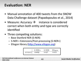 3rd	interna*onal	conference	on	Internet	Science		
INSCI	2016	
Social	Media	Veriﬁca*on	
Evalua2on:	NER	
•  Manual	annota.on	of	400	tweets	from	the	SNOW	
Data	Challenge	dataset	(Papadopoulos	et	al.,	2014)	
•  Measure:	Accuracy	à instance	is	considered	
correct	when	both	en.ty	and	type	are	correctly	
iden.ﬁed	
•  Three	compe.ng	solu.ons:		
–  Base	Stanford	NER	(S-NER)	
–  S-NER	+	Extensions/Post-processing	(S-NER+)	
–  Ellogon	library	(hVp://www.ellogon.org)		
40	
 