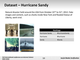 3rd	interna*onal	conference	on	Internet	Science		
INSCI	2016	
Social	Media	Veriﬁca*on	
Dataset	–	Hurricane	Sandy	
59	
		
Natural	disaster	held	around	the	USA	from	October	22nd	to	31st,	2012.	Fake	
images	and	content,	such	as	sharks	inside	New	York	and	ﬂooded	Statue	of	
Liberty,	went	viral.	
		
Hashtags	
Hurricane	Sandy	 #hurricaneSandy	
Hurricane	 #hurricane	
Sandy	 #Sandy	
 