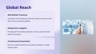 Global Reach
Worldwide Presence
Inscinstech has marketing and service centers in China and the
USA, serving customers globally.
Responsive Support
Providing 24/7 all-weather response to meet customer needs
anytime, anywhere.
Continuous Innovation
Driven by market demands and customer feedback to create
ongoing value.
 