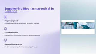 Empowering Biopharmaceutical In
novation
Drug Development
Supporting small molecule, natural product, and biologics purification.
Vaccine Production
Enabling efficient oligonucleotide synthesis and nanoparticle assembly.
Biologics Manufacturing
Providing flexible protein purification and chromatography solutions.
 
