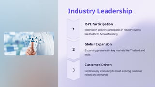 Industry Leadership
ISPE Participation
Inscinstech actively participates in industry events
like the ISPE Annual Meeting.
Global Expansion
Expanding presence in key markets like Thailand and
India.
Customer-Driven
Continuously innovating to meet evolving customer
needs and demands.
 