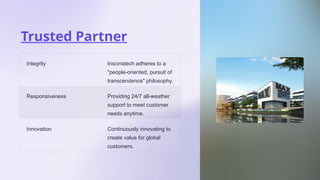 Trusted Partner
Integrity Inscinstech adheres to a
"people-oriented, pursuit of
transcendence" philosophy.
Responsiveness Providing 24/7 all-weather
support to meet customer
needs anytime.
Innovation Continuously innovating to
create value for global
customers.
 