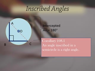 Intercepted
Arc= 180°O
CB
A
Corollary 108.1
An angle inscribed in a
semicircle is a right angle.
 