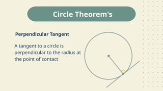 Perpendicular Tangent
A tangent to a circle is
perpendicular to the radius at
the point of contact
Circle Theorem's
 