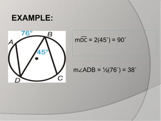 mD͡C = 2(45˚) = 90˚
EXAMPLE:
m∠ADB = ½(76˚) = 38˚
 