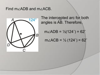 Find m∠ADB and m∠ACB.
The intercepted arc for both
angles is A
͡ B. Therefore,
m∠ADB = ½(124˚) = 62˚
m∠ACB = ½ (124˚) = 62˚
 